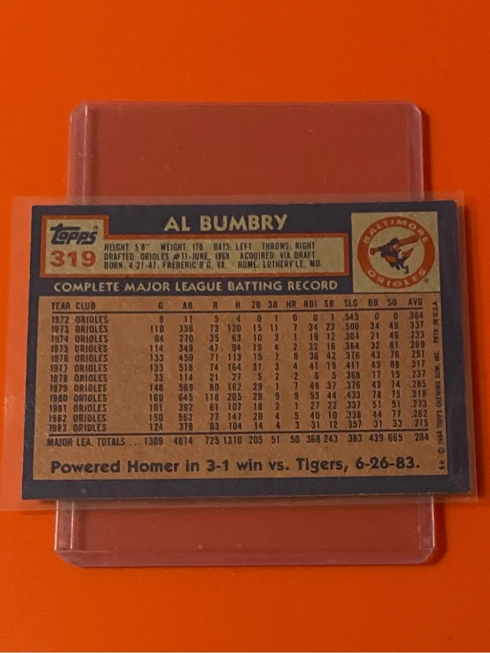 Al Bumbry #319 1984 Topps Baseball Trading Card